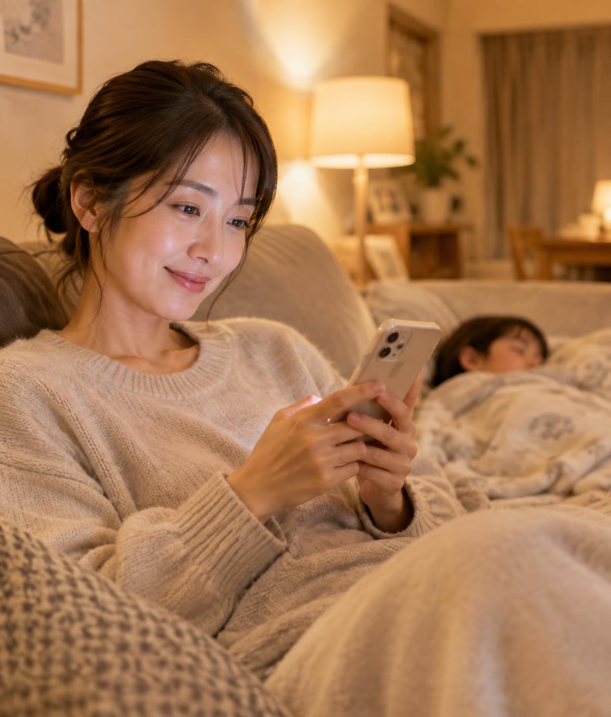夜、子供が寝たあとにスマホで在宅ワークをするママ